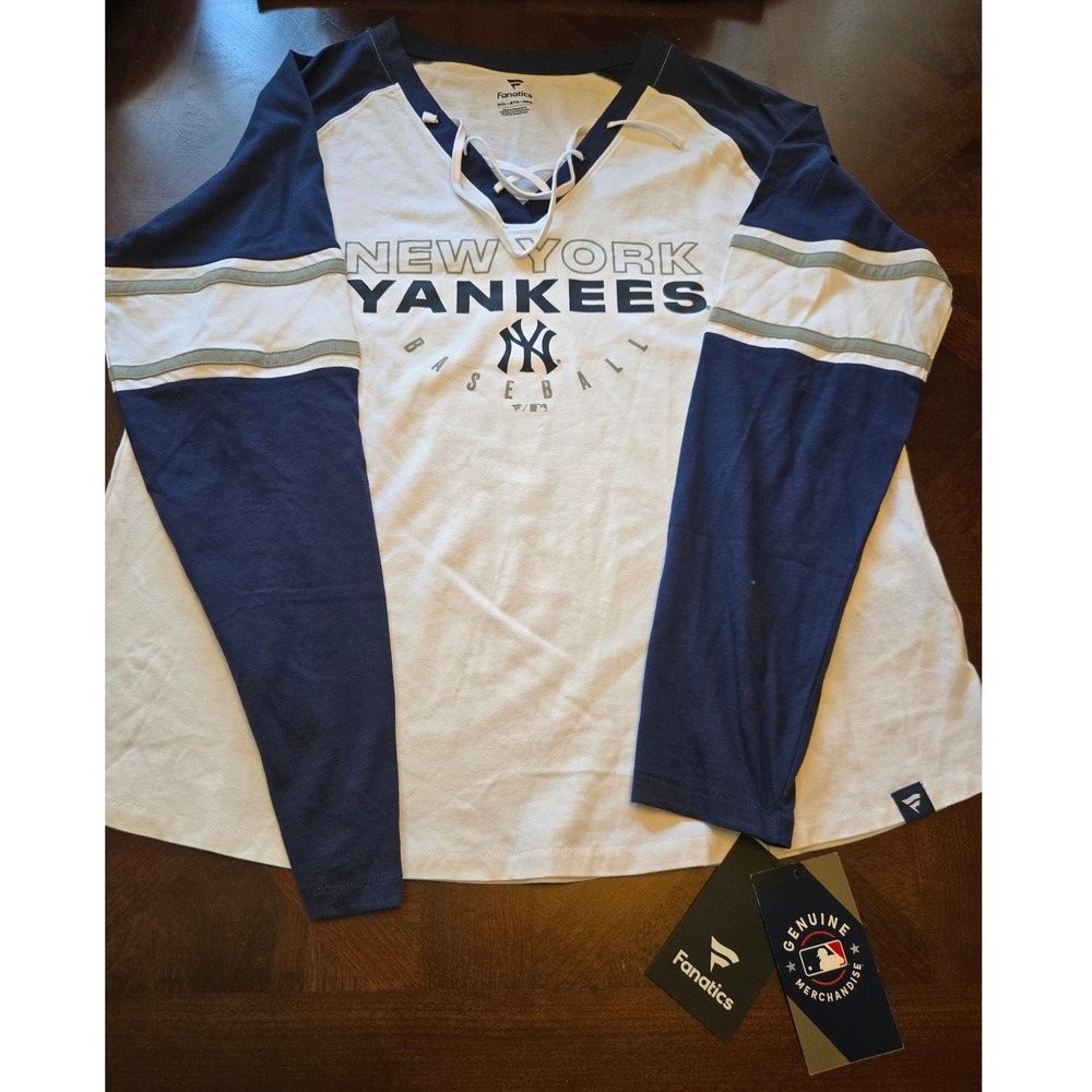 Fanatics New York Yankees MLB Women 2XL White Navy Lace Up Long Sleeve Tee NWT